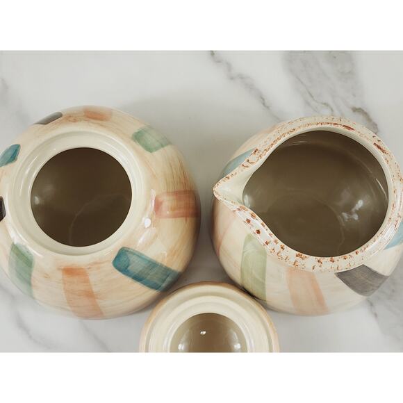 Oneida Teramo Stripes Creamer & Sugar Bowl w/ Lid Stoneware Glazed 1999 Vintage - Picture 9 of 14